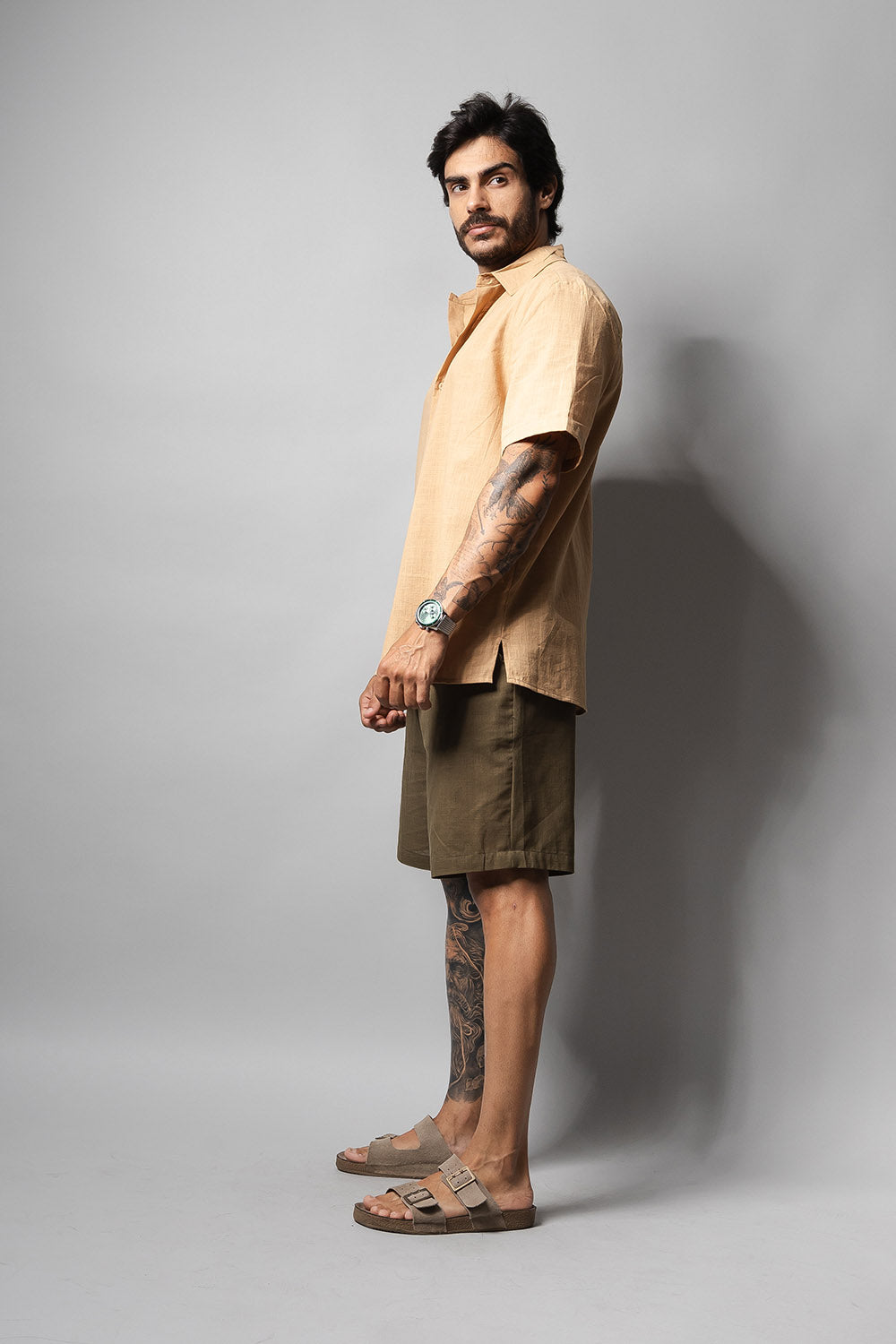 Camisa Masculina 100% Algodão Manga Curta 320006 Caqui