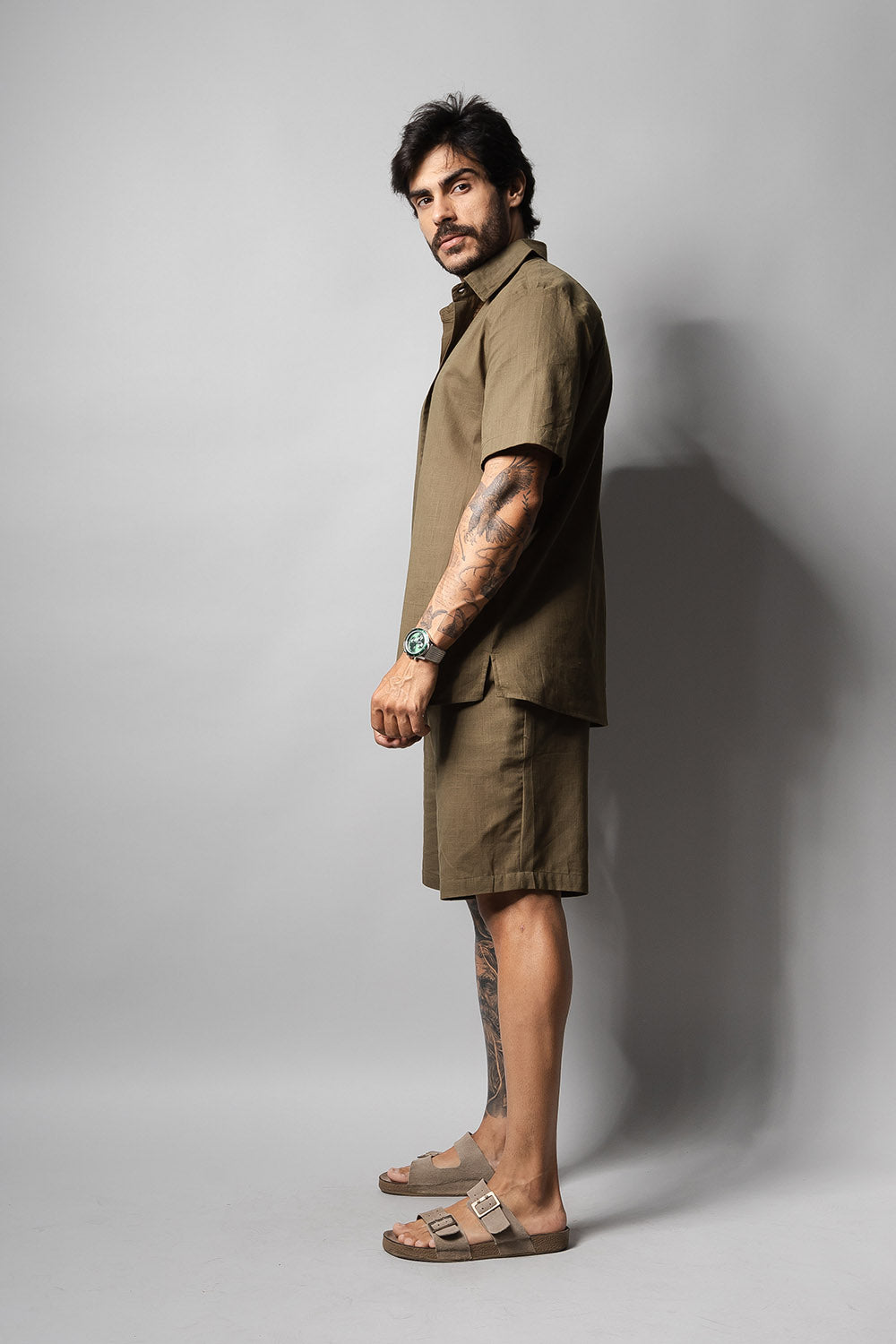 Camisa Masculina 100% Algodão Manga Curta 320006 Musgo