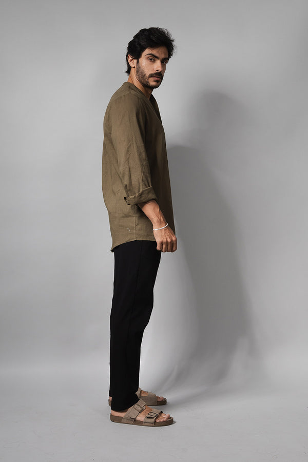 Camisa Social Masculina de Linho Manga Longa Loft 1404 320007 Musgo