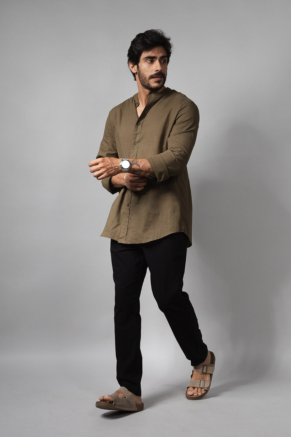 Camisa Social Masculina de Linho Manga Longa Loft 1404 320007 Musgo