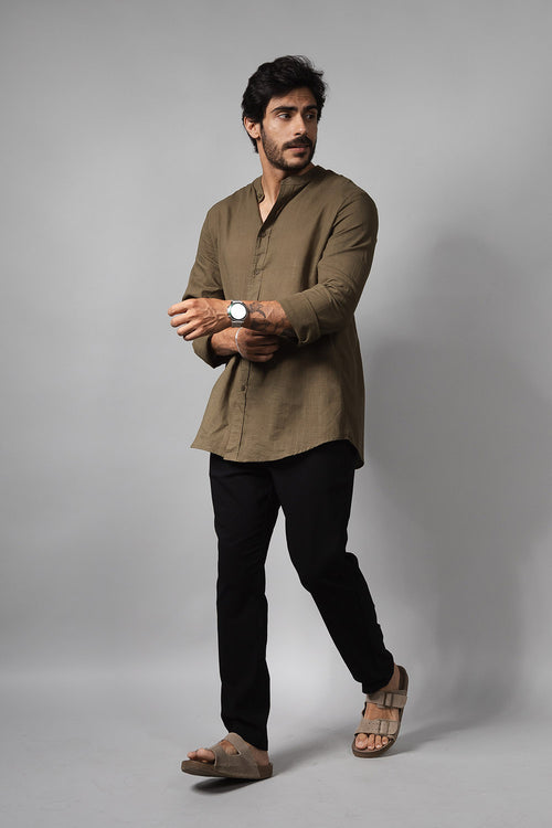 Camisa Social Masculina de Linho Manga Longa Loft 1404 320007 Musgo